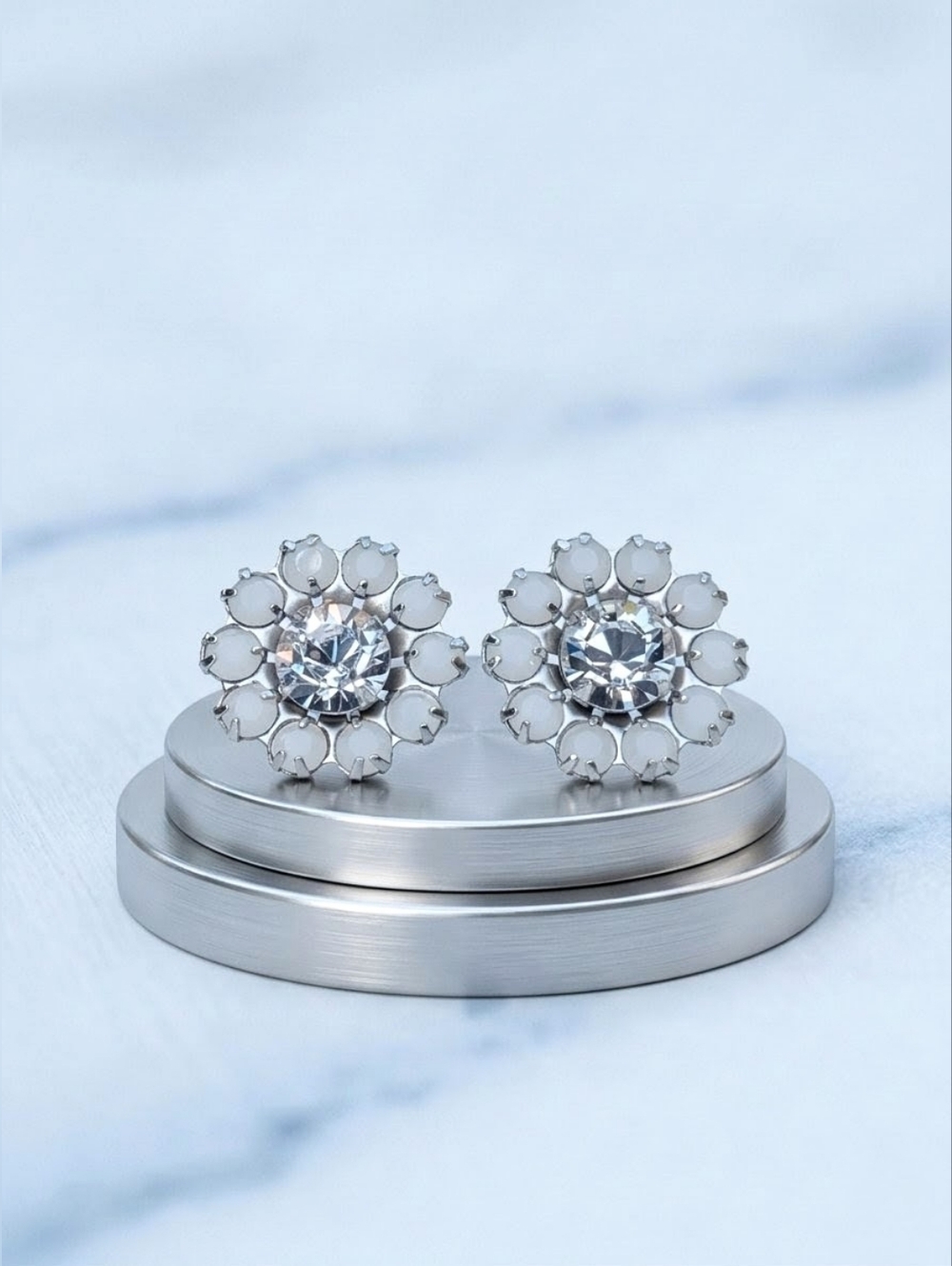 Vintage 90s Swarovski Opal & Crystal Floral Stud Earrings • 925 Silver Overlay